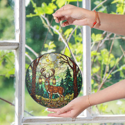 Majestic deer forest stained glass round suncatcher woodland decor Christmas gift for nature lover