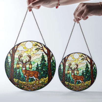 Majestic deer forest stained glass round suncatcher woodland decor Christmas gift for nature lover