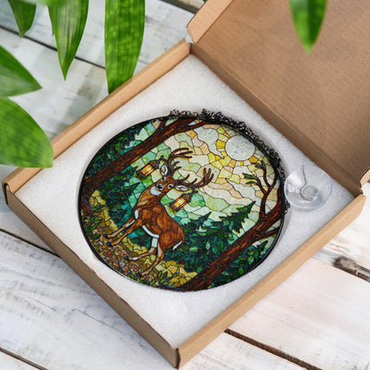 Majestic deer forest stained glass round suncatcher woodland decor Christmas gift for nature lover