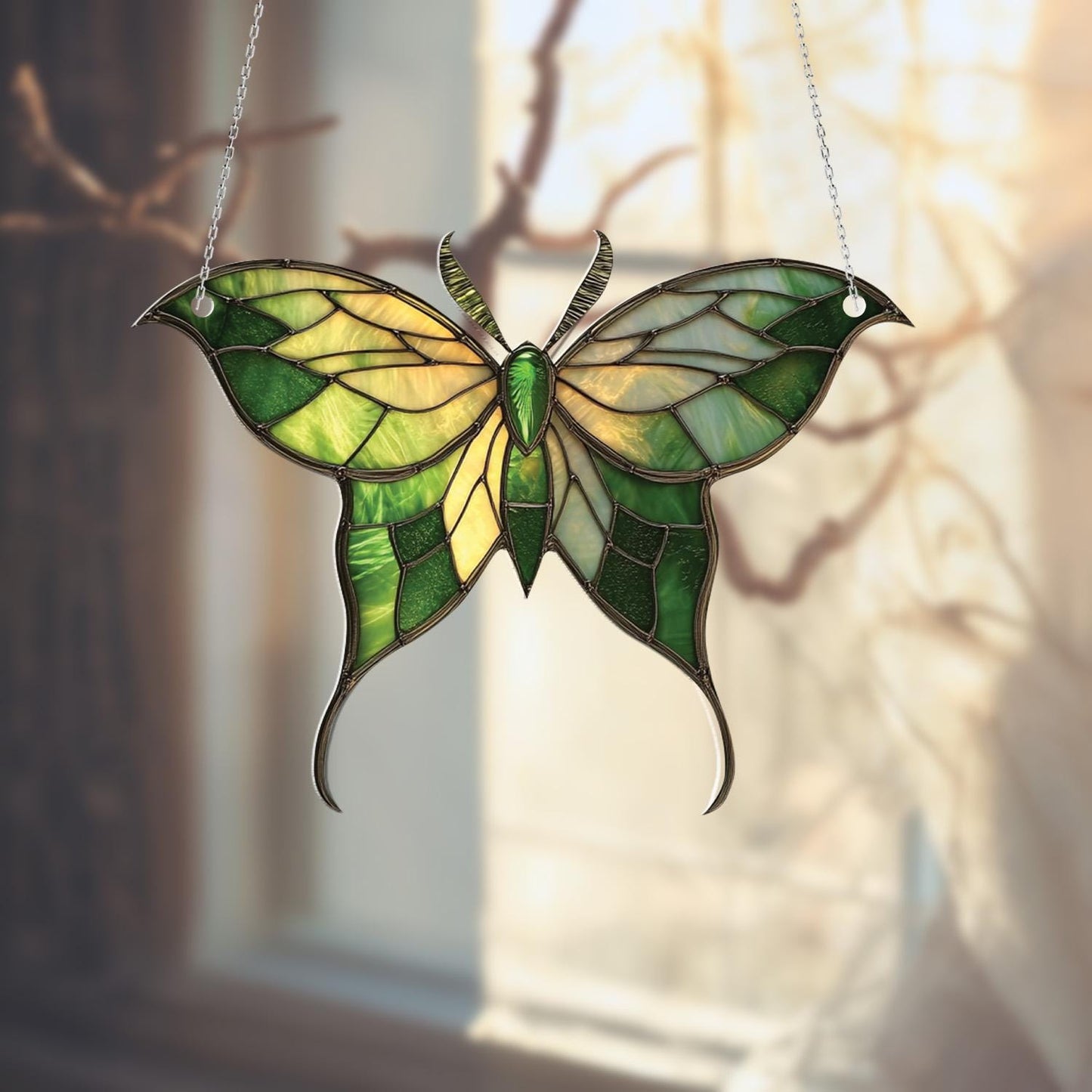 Green And Yellow Luna Moth Window Hanging Decoration, Nature Inspired Butterfly Design For Home, Garden, And Seasonal Room Decor