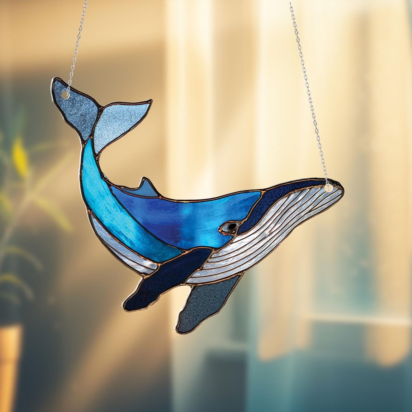 Blue Whale Window Hanging Decoration, Ocean Animal Design In Shades Of Blue For Nautical Themed Home, Beach House, And Sea Lovers