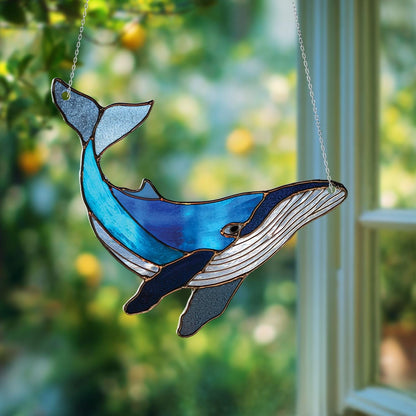 Blue Whale Window Hanging Decoration, Ocean Animal Design In Shades Of Blue For Nautical Themed Home, Beach House, And Sea Lovers