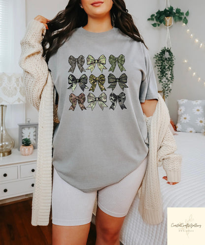 Camo Bow Sweatshirt, Camo Coquette Bow T Shirt, Duck Hunting Shirt, Hunting Lover Gift, Women's Camouflage Bow Shirt, Camouflage Bow Tee