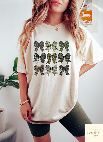 Camo Bow Sweatshirt, Camo Coquette Bow T Shirt, Duck Hunting Shirt, Hunting Lover Gift, Women's Camouflage Bow Shirt, Camouflage Bow Tee