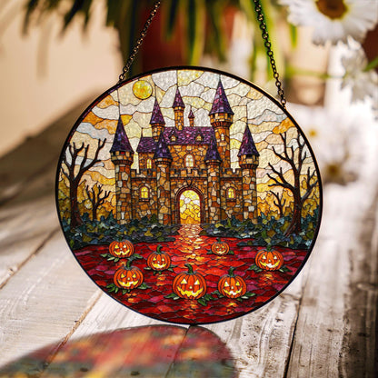 Suncatcher stained glass haunted castle with pumpkins Halloween gift for mom or spooky home decor