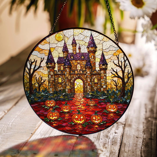 Suncatcher stained glass haunted castle with pumpkins Halloween gift for mom or spooky home decor