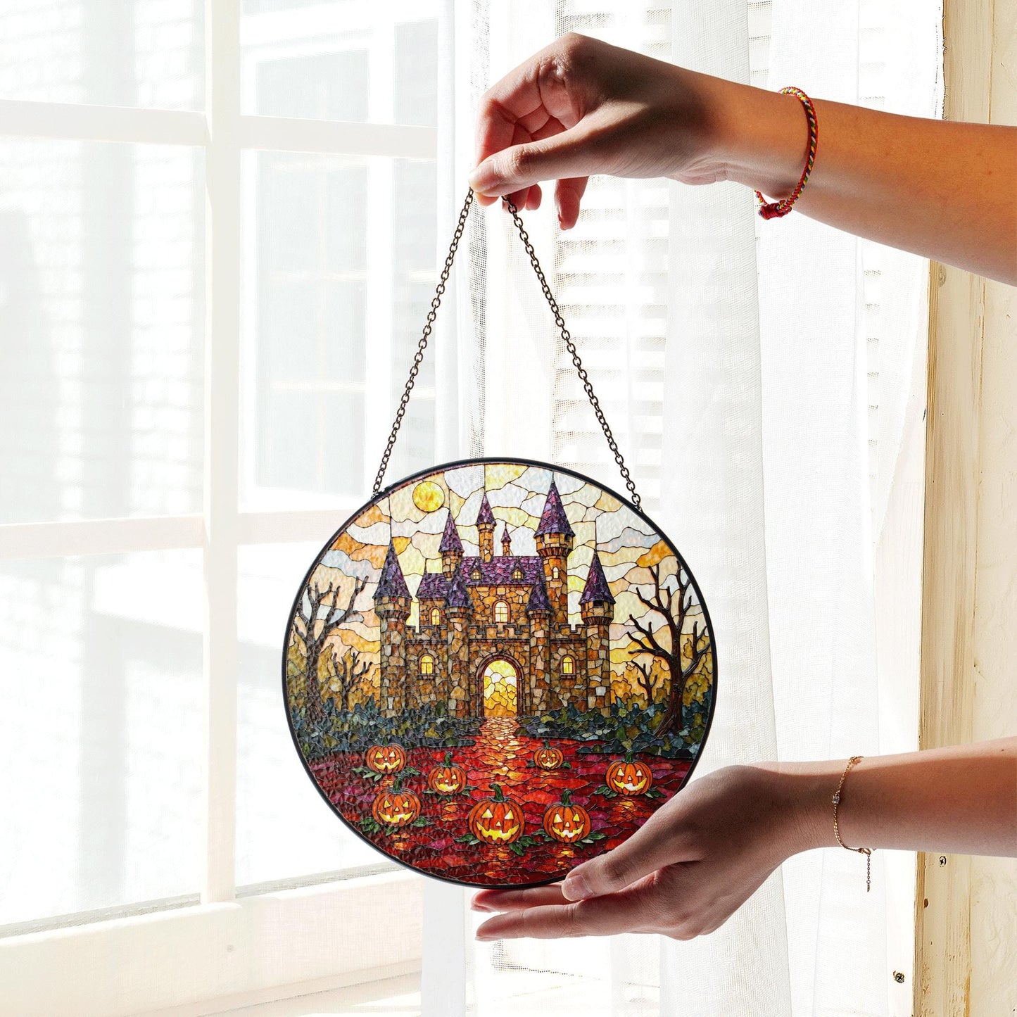 Suncatcher stained glass haunted castle with pumpkins Halloween gift for mom or spooky home decor
