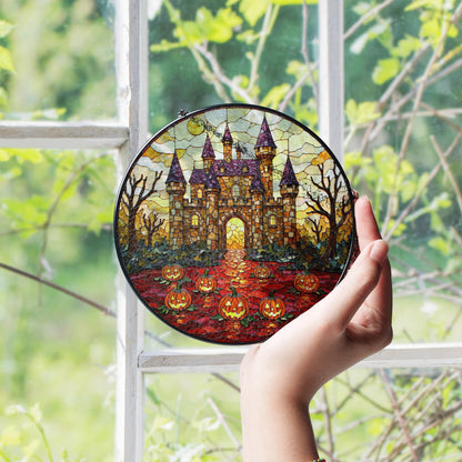 Suncatcher stained glass haunted castle with pumpkins Halloween gift for mom or spooky home decor