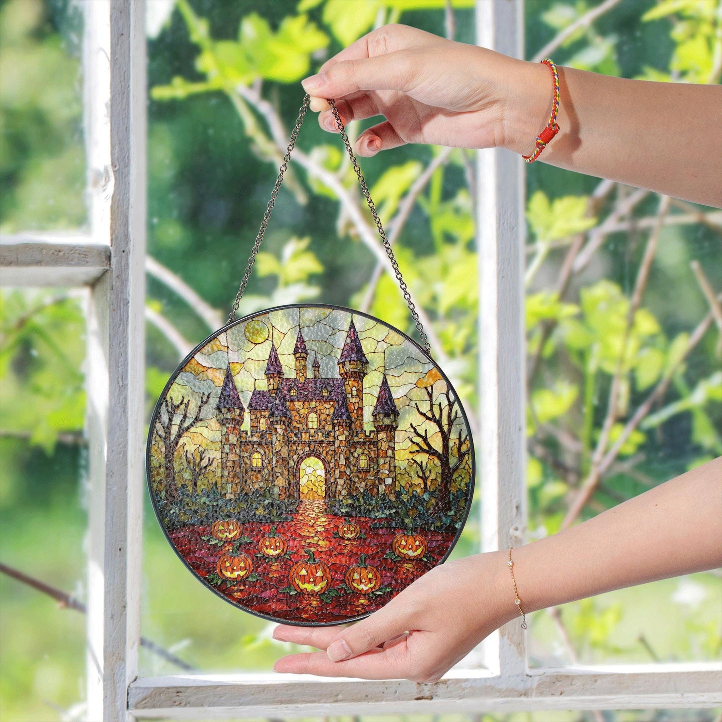 Suncatcher stained glass haunted castle with pumpkins Halloween gift for mom or spooky home decor