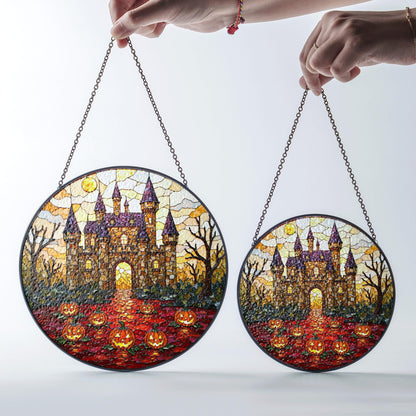 Suncatcher stained glass haunted castle with pumpkins Halloween gift for mom or spooky home decor