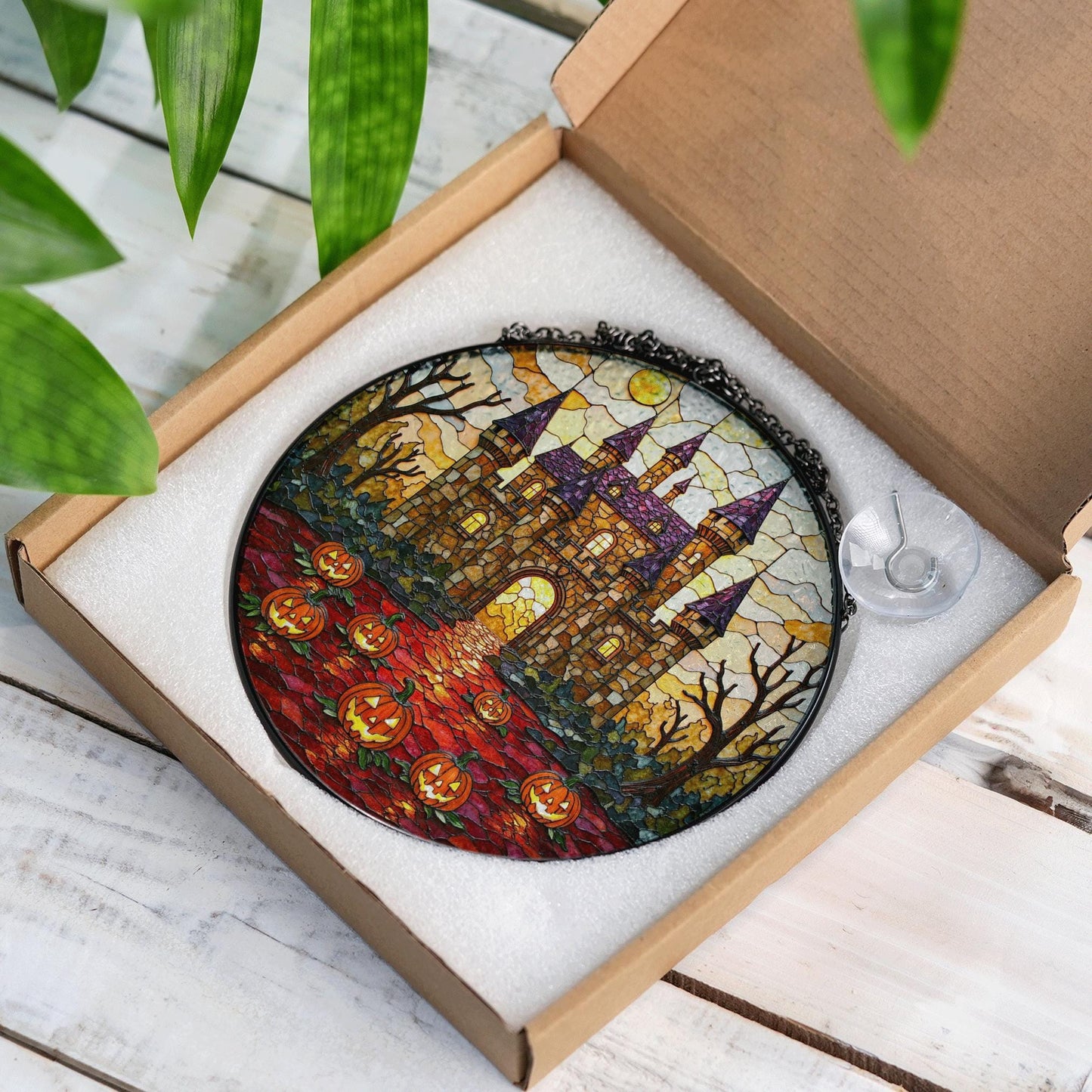 Suncatcher stained glass haunted castle with pumpkins Halloween gift for mom or spooky home decor