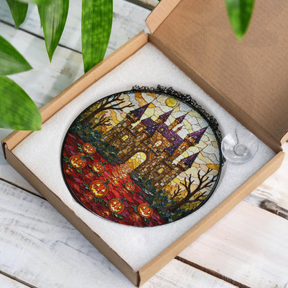 Suncatcher stained glass haunted castle with pumpkins Halloween gift for mom or spooky home decor