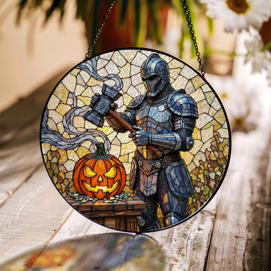 Suncatcher stained glass knight with pumpkin Halloween gift