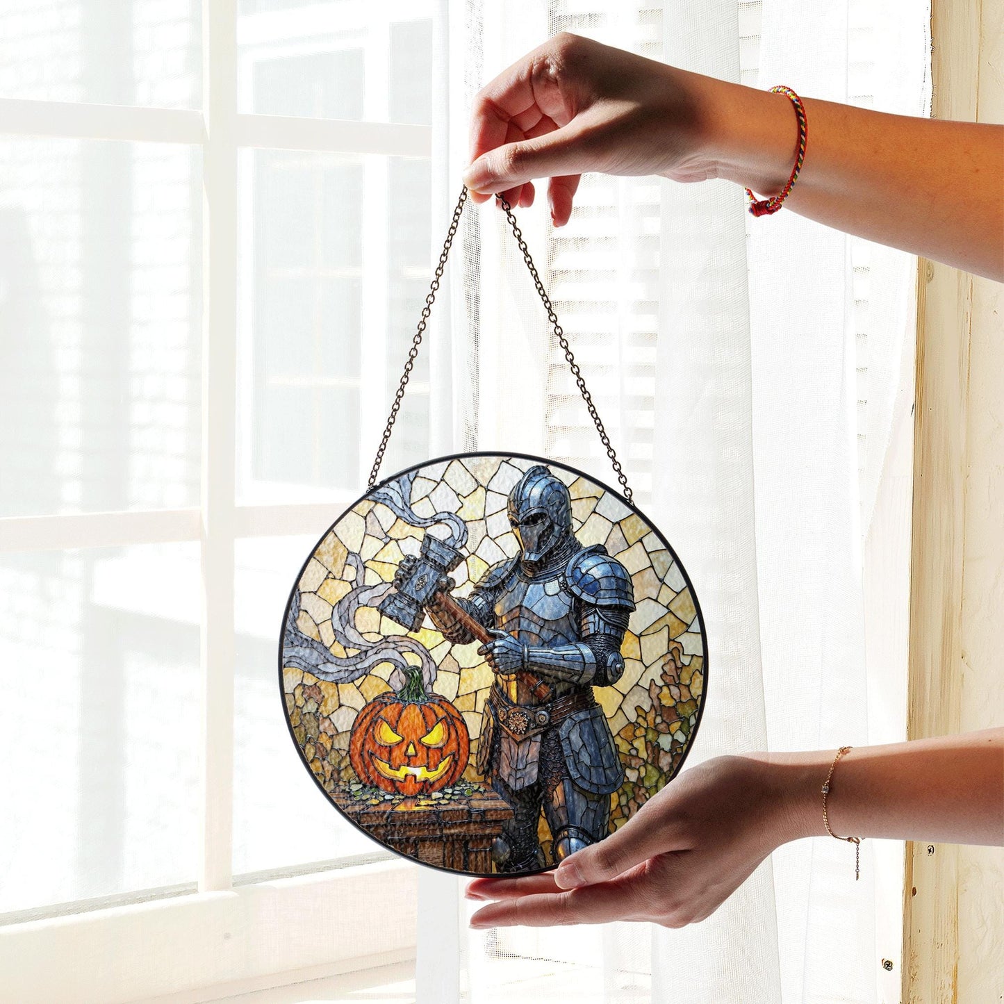 Suncatcher stained glass knight with pumpkin Halloween gift