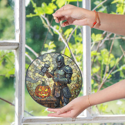 Suncatcher stained glass knight with pumpkin Halloween gift