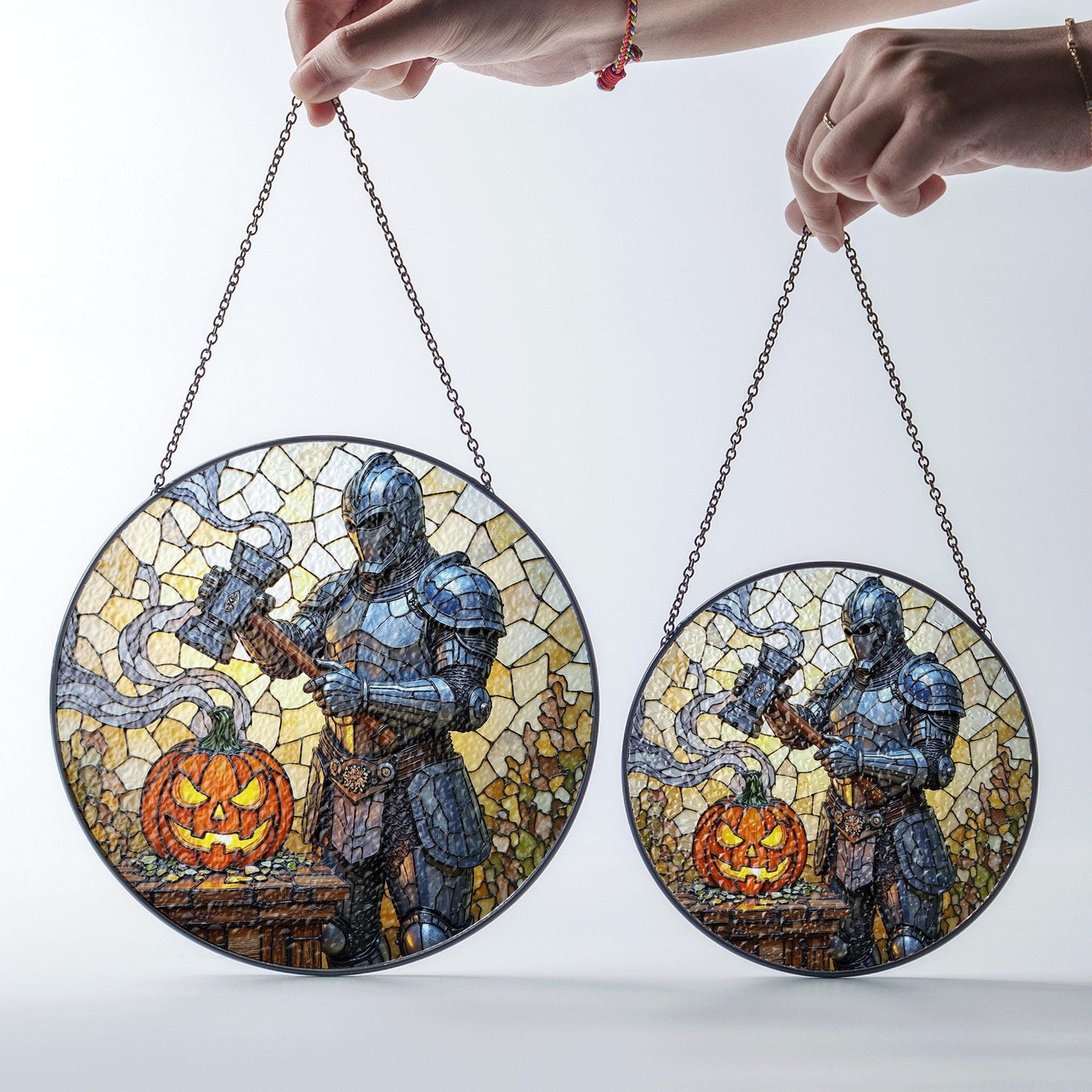 Suncatcher stained glass knight with pumpkin Halloween gift