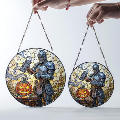 Suncatcher stained glass knight with pumpkin Halloween gift