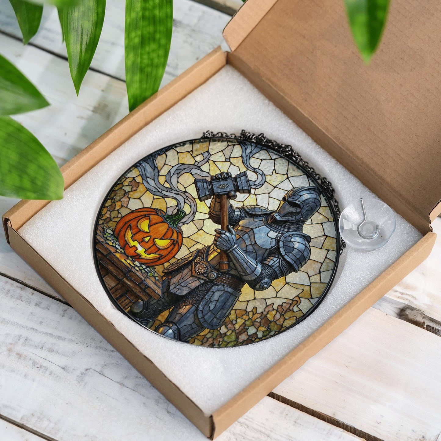 Suncatcher stained glass knight with pumpkin Halloween gift