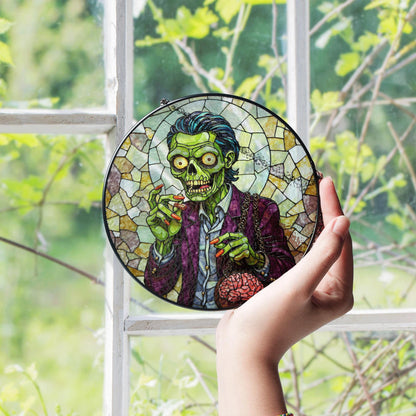 suncatcher stained glass zombie holding brain halloween gift for horror lover