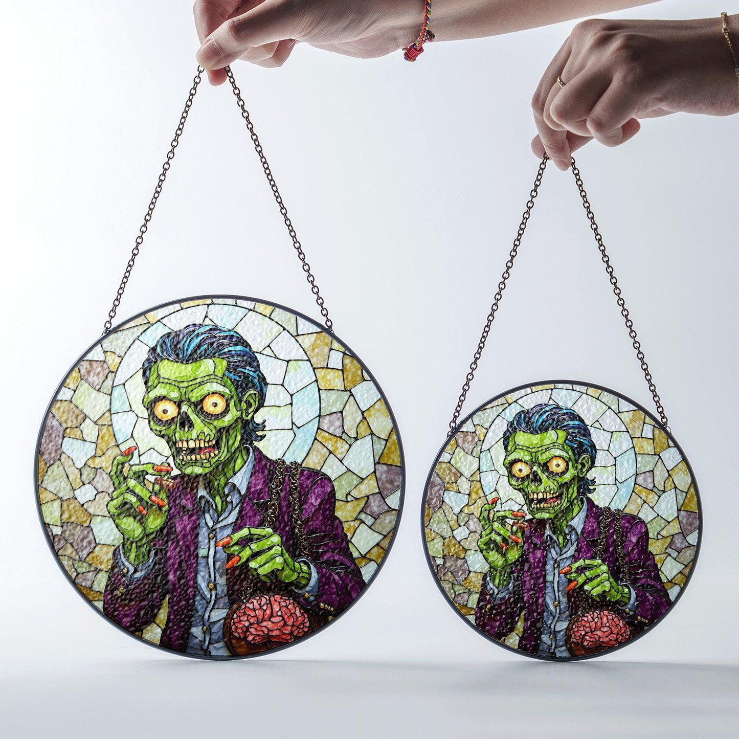 suncatcher stained glass zombie holding brain halloween gift for horror lover