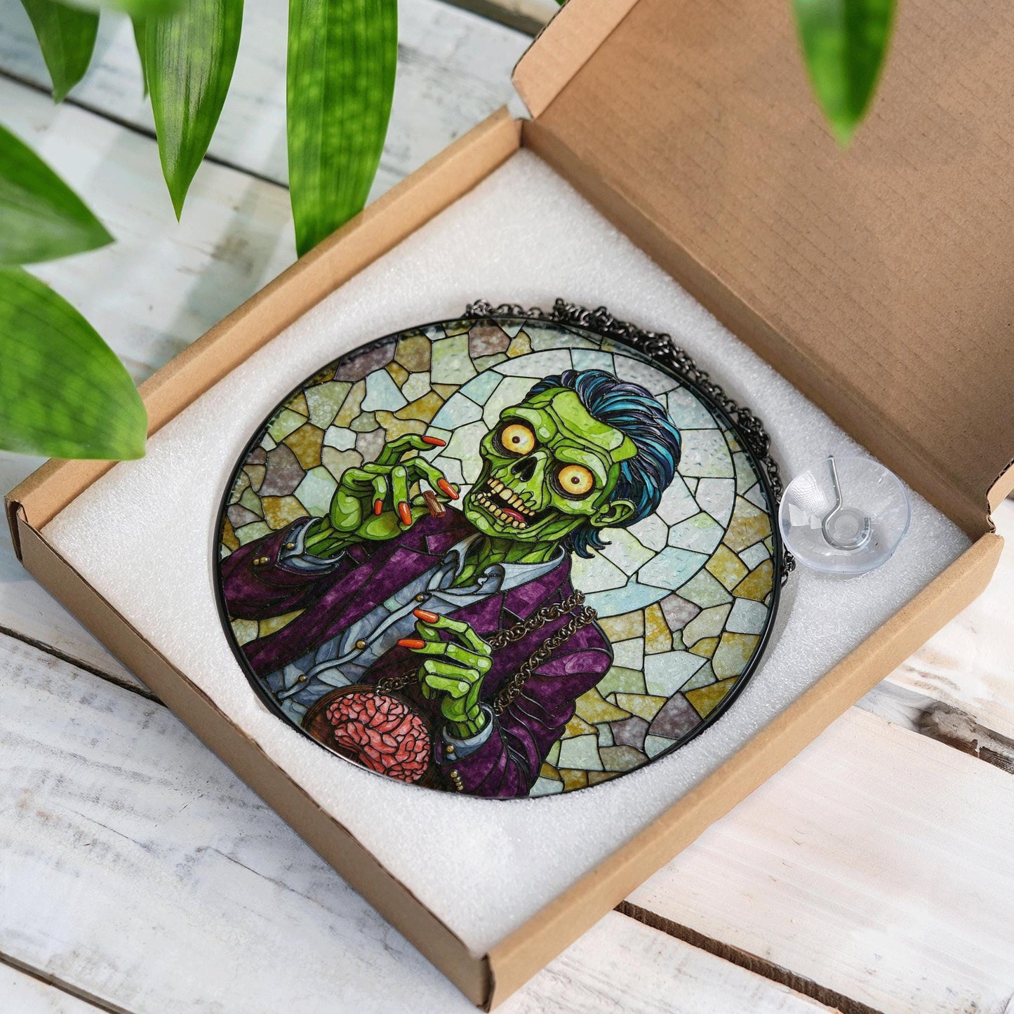 suncatcher stained glass zombie holding brain halloween gift for horror lover