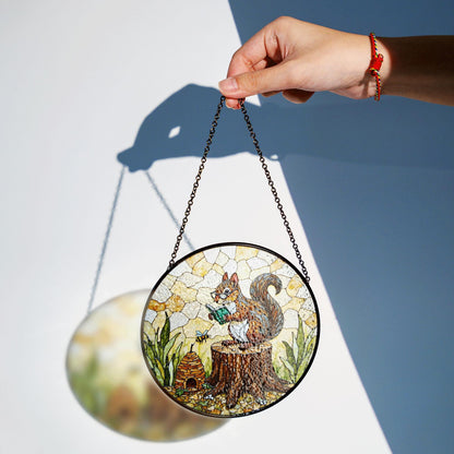 Suncatcher stained glass squirrel reading on tree stump woodland gift for mom Mothers Day gift