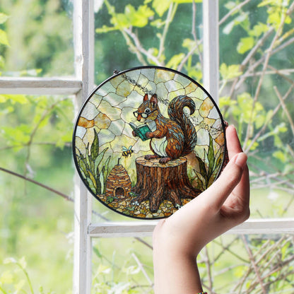 Suncatcher stained glass squirrel reading on tree stump woodland gift for mom Mothers Day gift