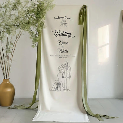 Personalized Wedding Welcome Sign | Custom Line Art Couple & Pet | Wedding Ceremony Sign | Wedding Favors | Welcome To Our Wedding Sign