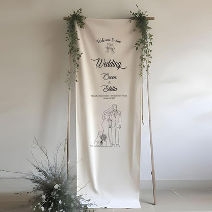 Personalized Wedding Welcome Sign | Custom Line Art Couple & Pet | Wedding Ceremony Sign | Wedding Favors | Welcome To Our Wedding Sign