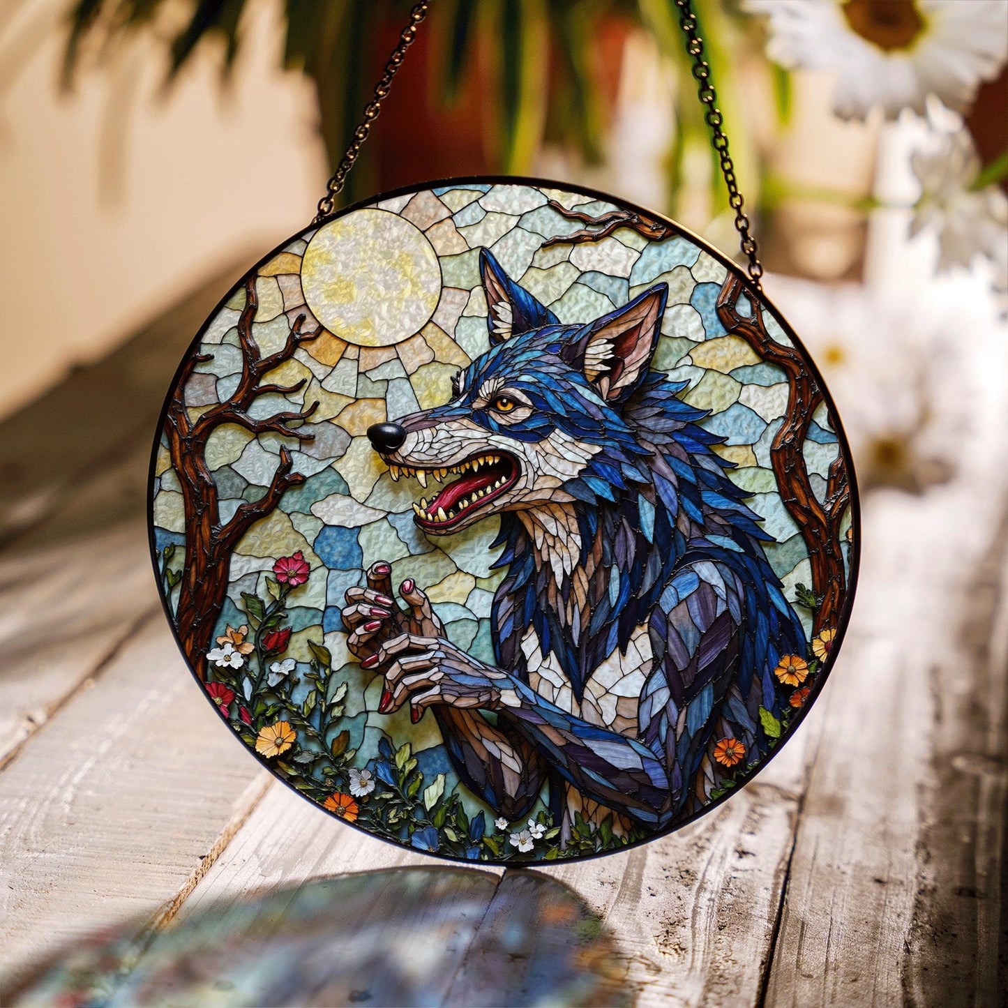 Suncatcher stained glass wolf in moonlit forest Halloween gift
