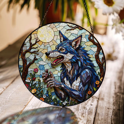 Suncatcher stained glass wolf in moonlit forest Halloween gift