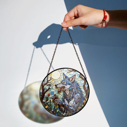 Suncatcher stained glass wolf in moonlit forest Halloween gift