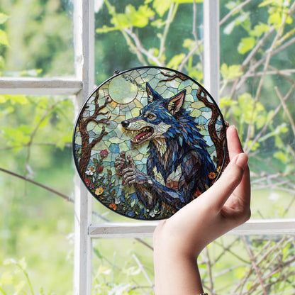 Suncatcher stained glass wolf in moonlit forest Halloween gift