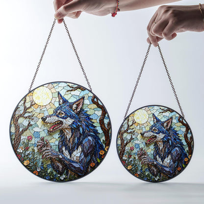 Suncatcher stained glass wolf in moonlit forest Halloween gift