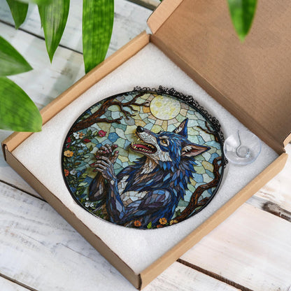 Suncatcher stained glass wolf in moonlit forest Halloween gift