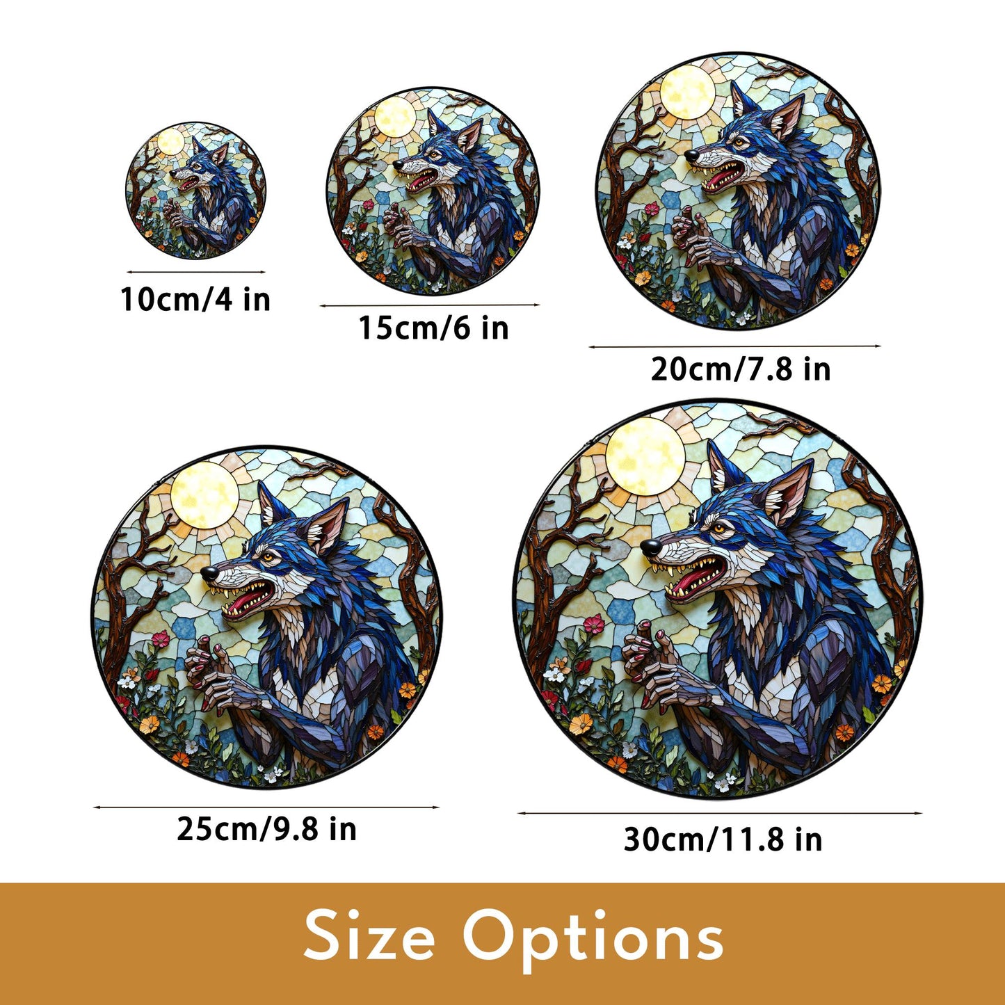 Suncatcher stained glass wolf in moonlit forest Halloween gift