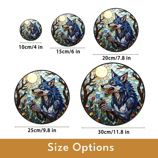 Suncatcher stained glass wolf in moonlit forest Halloween gift