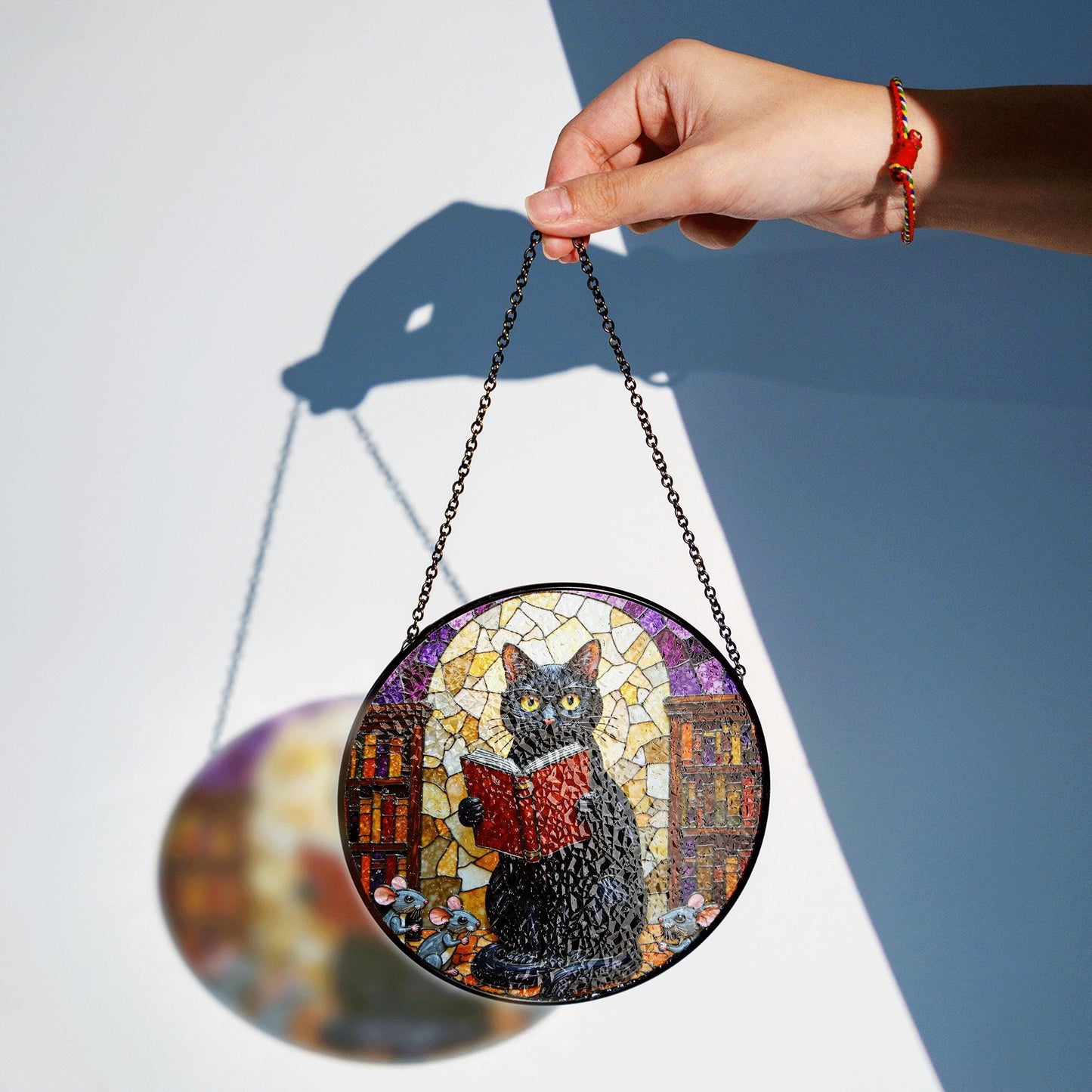Suncatcher stained glass black cat reading book library scene gift for mom Halloween gift Christmas gift
