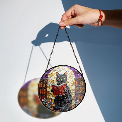Suncatcher stained glass black cat reading book library scene gift for mom Halloween gift Christmas gift