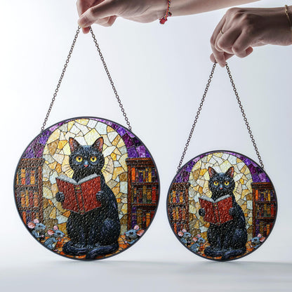 Suncatcher stained glass black cat reading book library scene gift for mom Halloween gift Christmas gift