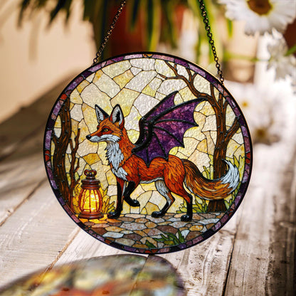 Suncatcher stained glass fox with dragon wings fantasy woodland Halloween gift