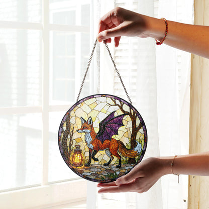 Suncatcher stained glass fox with dragon wings fantasy woodland Halloween gift