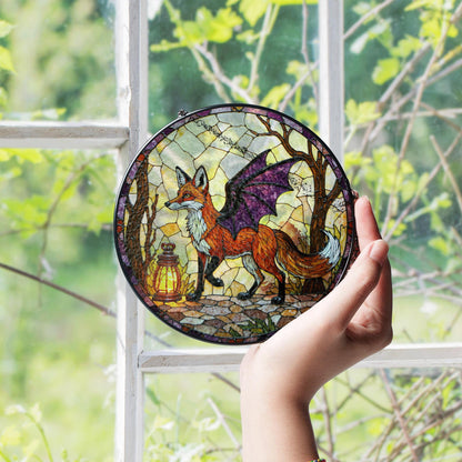 Suncatcher stained glass fox with dragon wings fantasy woodland Halloween gift