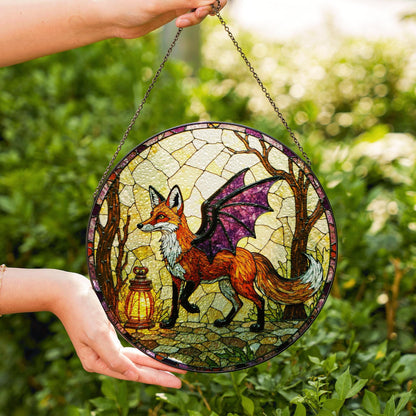 Suncatcher stained glass fox with dragon wings fantasy woodland Halloween gift