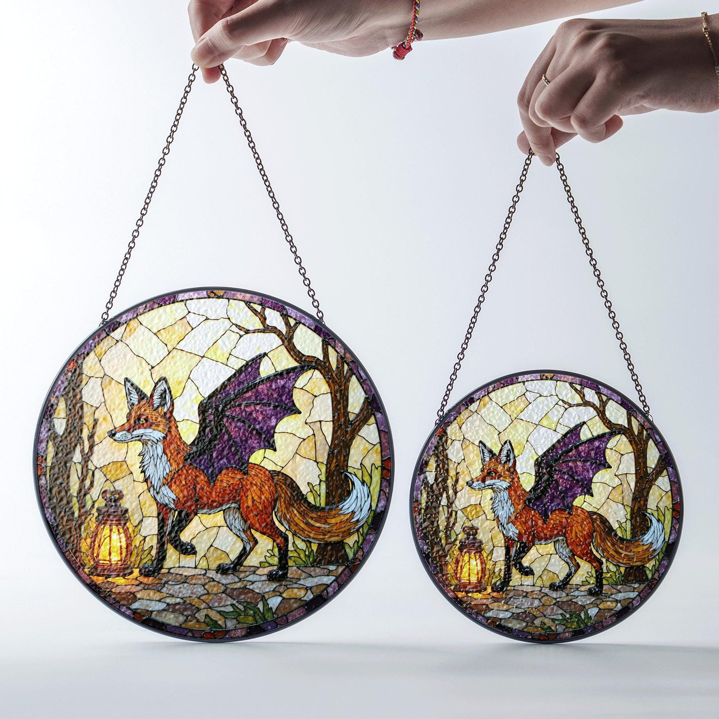 Suncatcher stained glass fox with dragon wings fantasy woodland Halloween gift