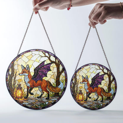 Suncatcher stained glass fox with dragon wings fantasy woodland Halloween gift