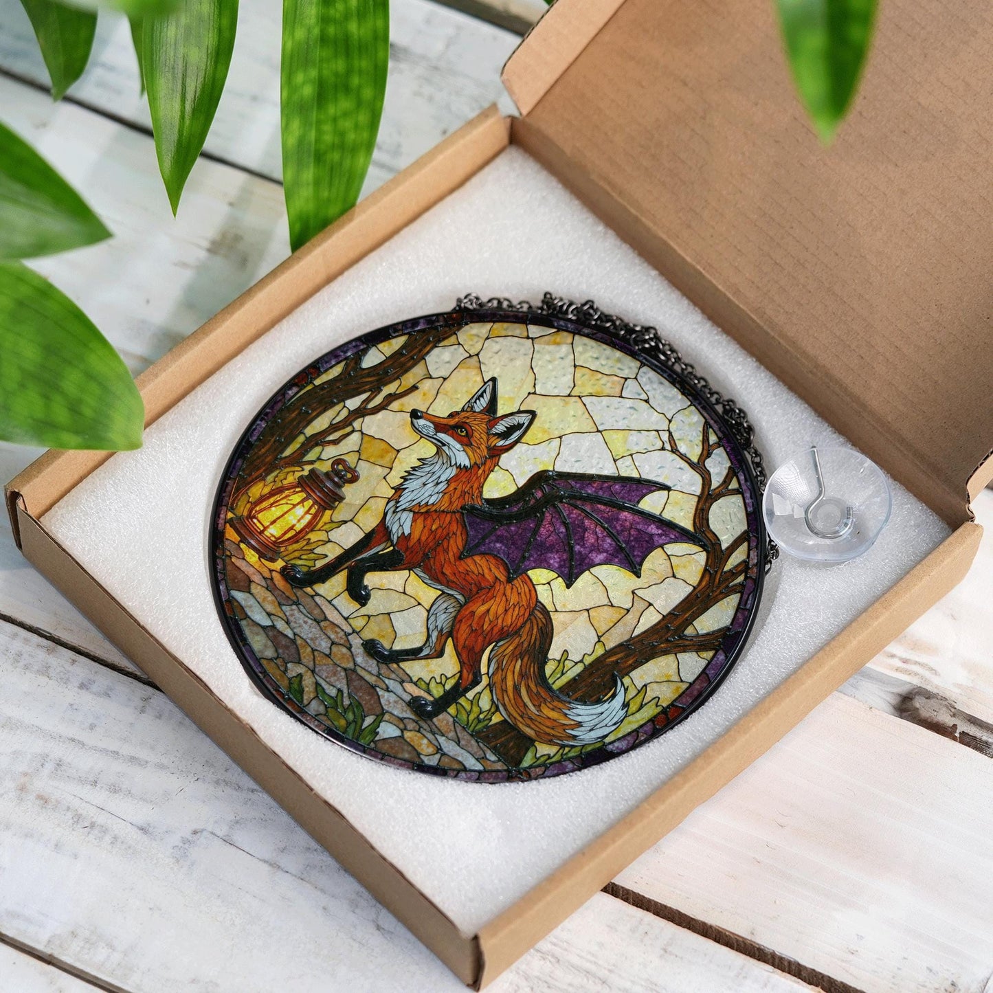 Suncatcher stained glass fox with dragon wings fantasy woodland Halloween gift