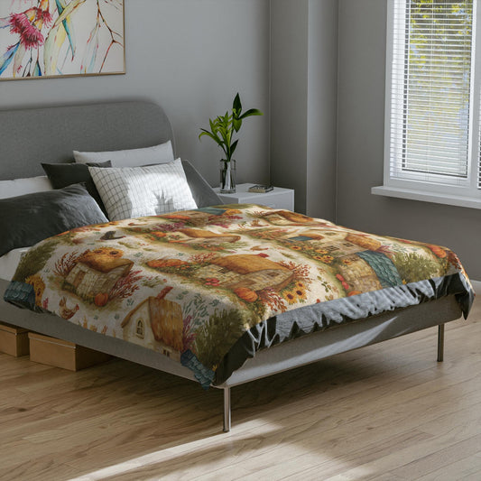 Autumn Harvest Village Blanket, Rustic Farmhouse Fall Throw with Pumpkins & Chickens, Cozy Cottagecore Thanksgiving Fleece Fall Home Decor