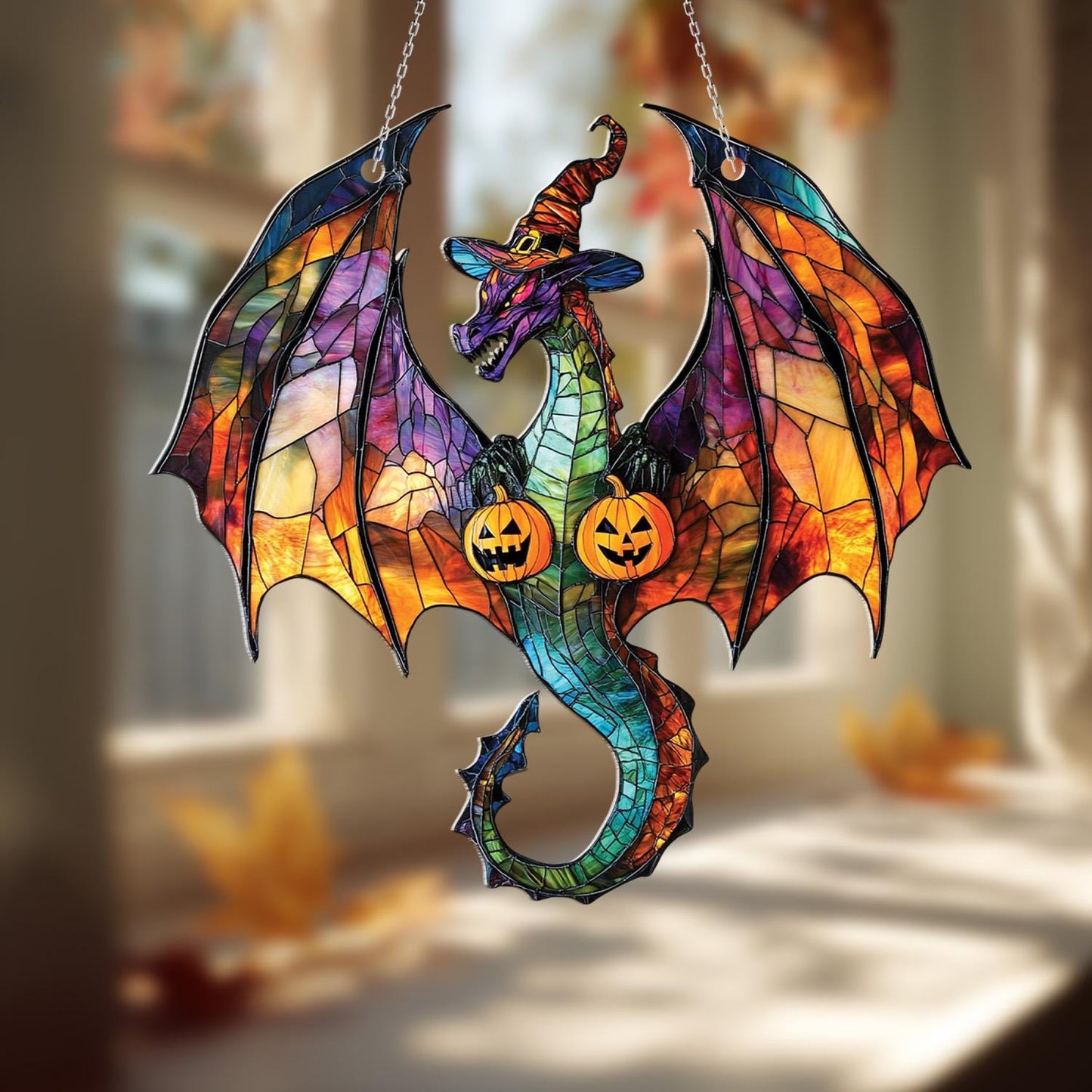 Halloween Dragon Window Hanging, Spooky Gothic Fantasy Decor, Witchy Pumpkin Fall Accent, Haunted House Autumn Party Decoration Gift
