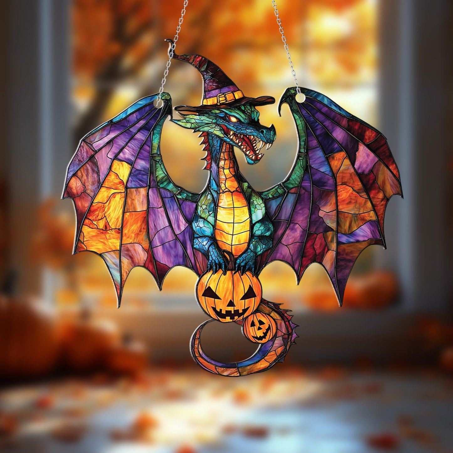 Halloween Dragon Window Hanging, Spooky Gothic Fantasy Decor, Witchy Pumpkin Fall Accent, Haunted House Autumn Party Decoration Gift